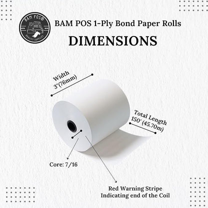3" x 150' 1-Ply Bond Receipt Paper Rolls - For Kitchen Printers-TMU200 SRP275 Star SP700 - Darker & Clearer Prints - Efficiently for Kitchen Tickets & Order Receipts (12 Rolls)