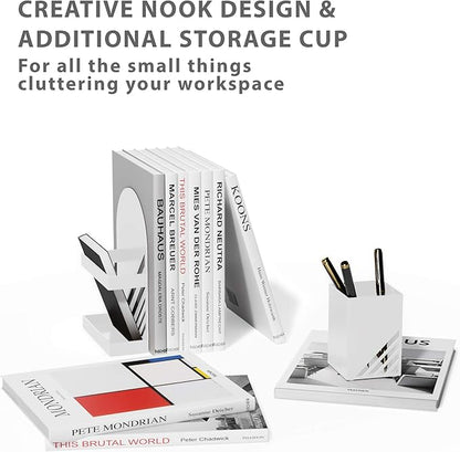 Iron Arch Modern and Decorative Bookends for Heavy Books, 200% Stronger & Heavier Than The Average Bookends, Large Bookends with Matching Bonus Storage Cup (Snow White)