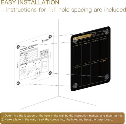 SELEAD Magnetic Glass Planning Board for Small Apartment - 18”x18” Dry Erase Whiteboard Weekly Planner Wall Calendar, Message Memo TODO Board for Home Kitchen, Black&Gold