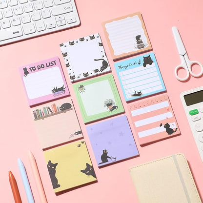 9 Pads Cute Sticky Notes Cartoon Animal Self Stick Notepads 3x3 Inches Notes Adhesive Memo Pad Office Decor Gifts for Students School Office Meeting(Black Cat)