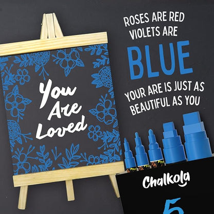 5 Blue Chalkboard Chalk Pens - Blue Dry Erase Markers for Blackboard, Chalkboard Signs, Windows, Glass | Variety Pack - Fine & Jumbo Size Ink Pen (1mm, 3mm, 6mm, 10mm, 15mm)