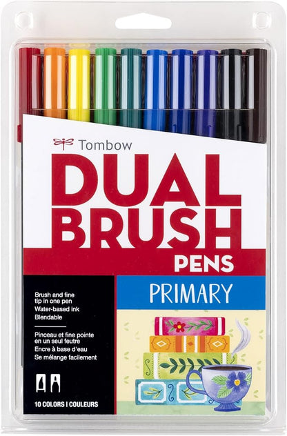 Tombow Dual Water Based Markers, Twin Tip, Primary Palette Assorted Inks, 10/Pack (56167)