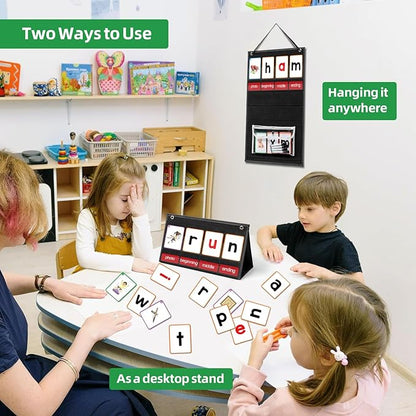 CVC Word Builder Desktop Pocket Chart with 107 Cards, Kids Word Builder Games for CVC CVCC CCVC Learning Reading Spelling Early Education Tool for Preschool Kindergarten Classroom.