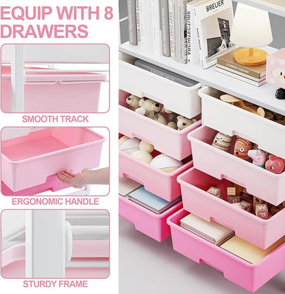 8 Drawers Rolling Storage Cart with Wooden Top, Multipurpose Utility Cart with Opening Shelf & Lockable Wheels, Storage Drawer Cart Organizer for Home Office Craft Room Classroom, Pink