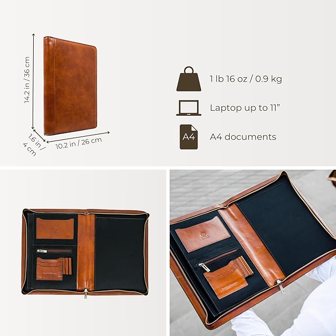 Time Resistance Leather Portfolio - A4 Document Folder - Padfolio - Italian Handcrafted Organizer Folio - Gift Box Included