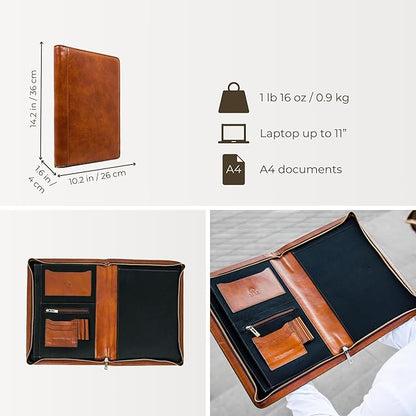 Time Resistance Leather Portfolio - A4 Document Folder - Padfolio - Italian Handcrafted Organizer Folio - Gift Box Included
