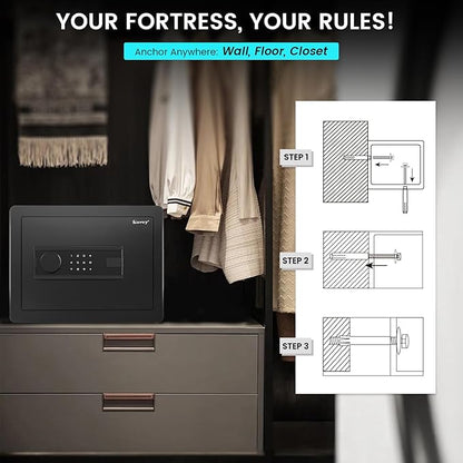Kavey Home Safe with Backlit Touch Screen Keypad, Dual Alarm System, Fireproof, Mute Function, LED Light for Money Documents