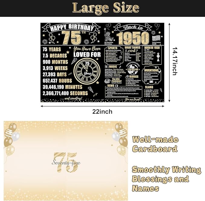 Large 75th Birthday Gift Card With Envelope for Men Women, 1950 Black Gold Happy 75th Birthday Giant Guest Signature Book Gifts, Big Vintage 75th Greeting Card Decoration Party Supplies