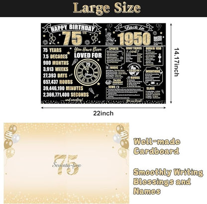 Large 75th Birthday Gift Card With Envelope for Men Women, 1950 Black Gold Happy 75th Birthday Giant Guest Signature Book Gifts, Big Vintage 75th Greeting Card Decoration Party Supplies