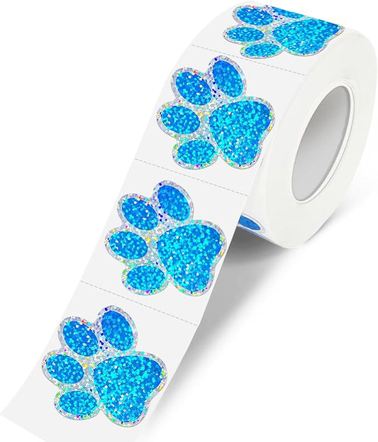 1 Inch Paw Stickers,550Pcs Sparkle Blue Paw Stickers,Self-Adhesive Holographic Shiny Bear Paw Stickers Roll for Kids Birthday Decor Envelopes Seals Cards Gift Wrap