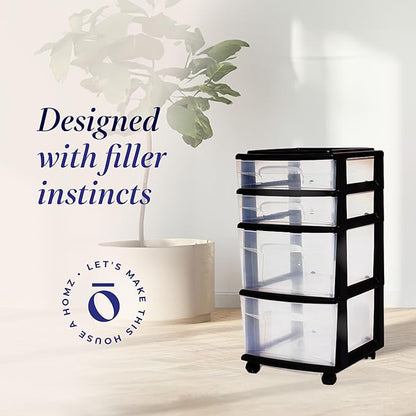 Homz Plastic 4 Clear Drawer Medium Home Organization Storage Container Tower with 2 Large Drawers and 2 Small Drawers, Black Frame (2 Pack)