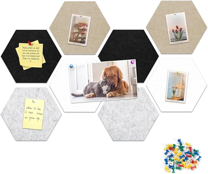 12" Large Bulletin Board with 30 Push Pins, Pack of 8 Hexagon Felt Pin Board Notice Boards for Home Office Kitchen, Felt Wall Tiles for Photos Memos