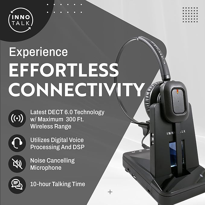 INNOTALK - Desk Phone Wireless Headset with RJ9 Adapter, 10-Hour Talk Time Handsfree Phone Headset, Office Phone Headset for Desk Phone, 300 Ft. Long Range Wireless Headset, W780