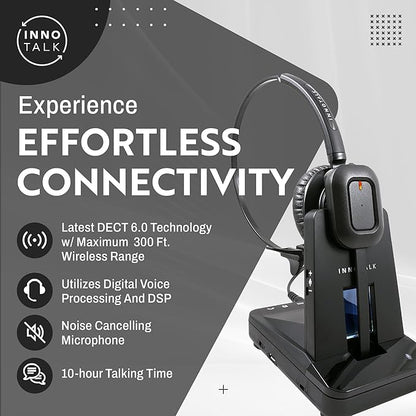 INNOTALK - Desk Phone Wireless Headset with RJ9 Adapter, 10-Hour Talk Time Handsfree Phone Headset, Office Phone Headset for Desk Phone, 300 Ft. Long Range Wireless Headset, W780