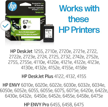 HP 67XL Black High-yield Ink Cartridge | Works with HP DeskJet 1255, 2700, 4100 Series, HP ENVY 6000, 6400 Series | Eligible for Instant Ink | One Size | 3YM57AN