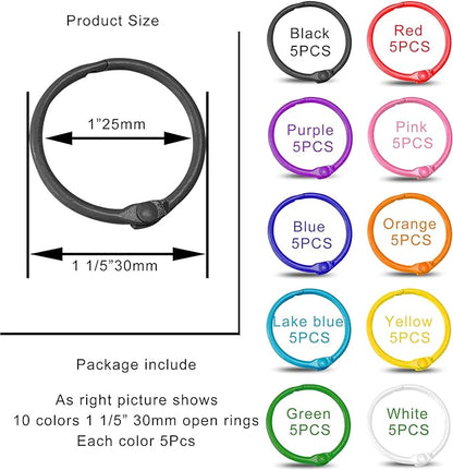 Keychains or Key Rings, 1 1/5" Loose Leaf Binder Rings for Key Chains, Open Card Rings, Clip Rings for Book Rings, School, Home or Office (50Pack)