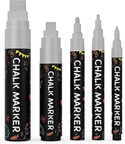 5 Silver Chalkboard Chalk Markers - Silver Dry Erase Markers for Blackboard, Chalkboard Signs, Windows, Glass | Variety Pack - Fine & Jumbo Size Ink Pen (1mm, 3mm, 6mm, 10mm, 15mm)