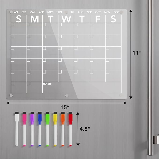 Acrylic Magnetic Dry Erase Board Calendar for Fridge, Clear Monthly Planner Whiteboard for Refrigerator, w/ 8 Colors Markers, 15"x11"