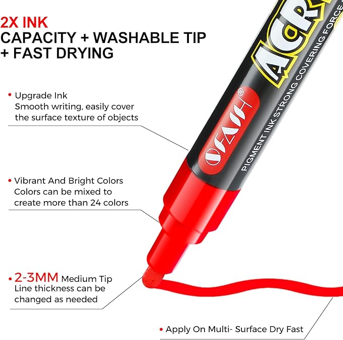 SFAIH Acrylic Creative Markers - 3mm Replaceable Nibs 8 Colors, Large Ink Capacity, Ultra-High Coverage, Non-Bleeding Water-Based Ink, Drawing Markers for Art Supplies, Wood, Fabric, Rock Painting