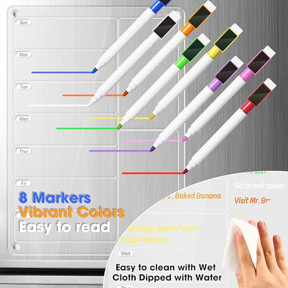Acrylic Meal Planner Magnetic Menu Board for Kitchen Fridge w/Markers, Clear Weekly Calendar Planning Board Noteboard Refrigerator Dry Erase Board to Do/Grocery/Shopping List/Chore Chart, 12.8x9’’