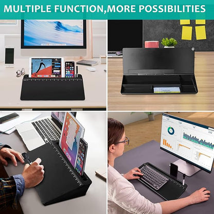 Desk Whiteboard Dry Erase Glass Whiteboard with 15“ Ruler Marker,Tilted Notepad Computer Keyboard Stand with Black Dry Erase Board Surface, Desktop White Board to-do List Memo Notepad,Black