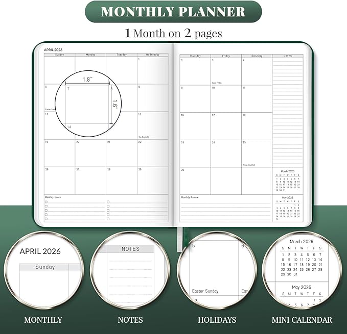 2026 Planner, Large Weekly and Monthly Planners, A4 Faux Leather Daily Calendar 2026 Planner, 12 Month Agenda from Jan. to Dec., Hardcover Habit Tracker Journal(Green)