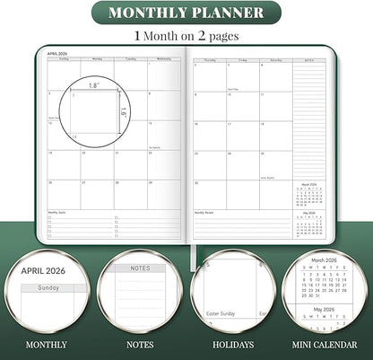 2026 Planner, Large Weekly and Monthly Planners, A4 Faux Leather Daily Calendar 2026 Planner, 12 Month Agenda from Jan. to Dec., Hardcover Habit Tracker Journal(Green)