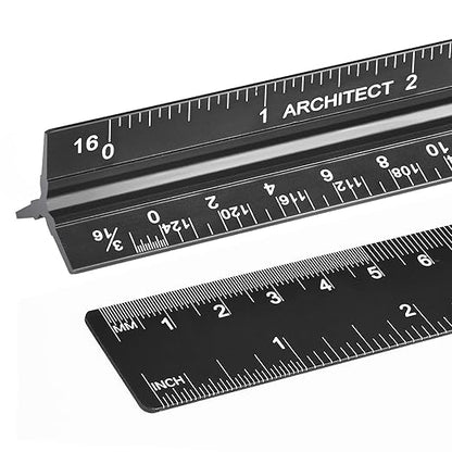 Architectural Scale Ruler with Straight Ruler, 12 Inches Imperial Measurements, Blcak Laser-Etched Aluminum Architect Triangular Ruler for Architects, Engineers, Architects, Students and Draftsman