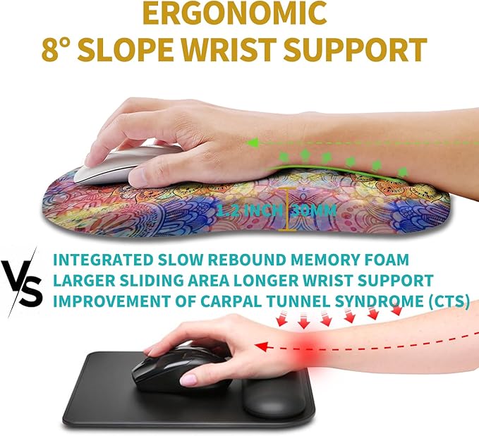 Hokafenle Ergonomic Mouse Pad Wrist Support, Wrist Rest Mousepad for Carpal Tunnel Pain Relief with Integrated Memory Foam Slope Massage Bulge (11.8x7.9 inch,Mandala