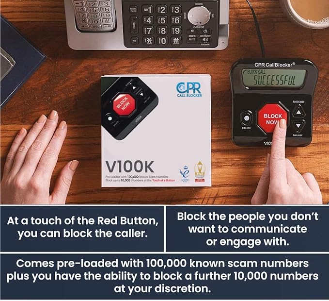 CPR V100K Call Blocker for Landline Phones with Caller ID. Pre-Loaded with 100,000 Nuisance Numbers and Allows Blocking of 10,000 More with a Single Button Press.