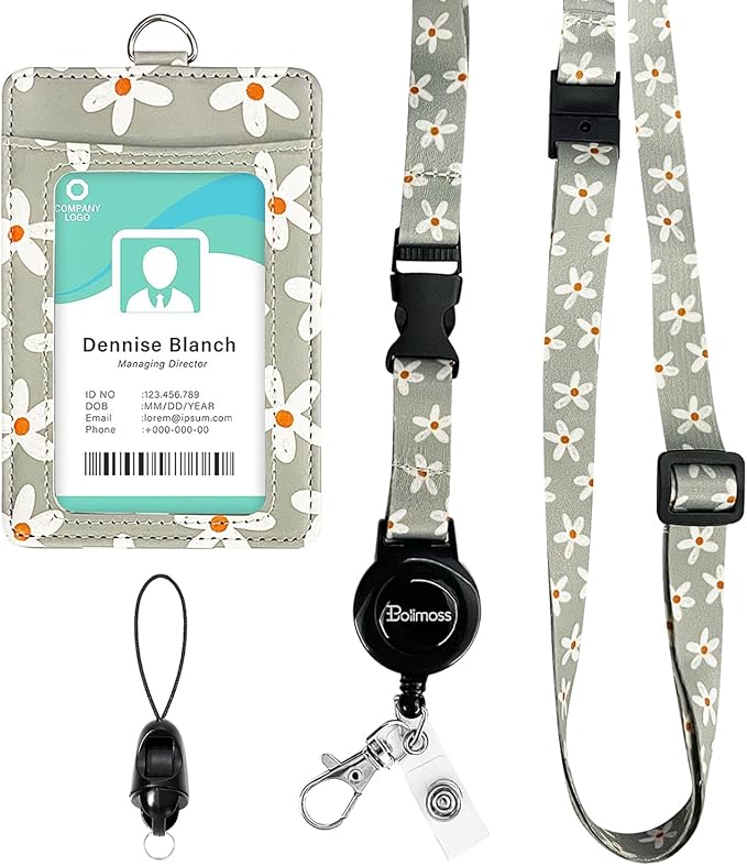 bolimoss Cute Flowers Lanyard for ID Badge Card, Breakaway Neck Lanyards with Retractable Badge Reels Quick-Release Buckles and Adjustable Straps with Leather Card Badge Holders