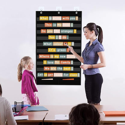 Large 10+2 Pockets Standard Pocket Chart, 10 Clear Pockets Words Chart with 2 Extra Storage Pocket for Classroom Home Office Use,Large Size:45”x 28” Letter Cards,Words and Sentence Strips.