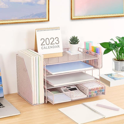 Desk Organizers and Accessories, Desk Accessories & Workspace Organizers for Office Supplies, File Organizer Desk Drawer Organizer with 2 Pen Holders, 4 Tier Paper Organizer for Desk(Rose Pink)