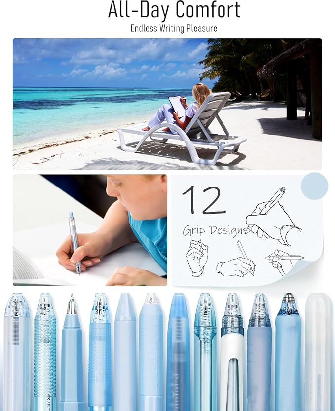 Four Candies 12Pack Pastel Gel Ink Pen Set, 11 Pack Black Ink Pens with 1Pack Highlighter for Writing, Retractable 0.5mm Fine Point Cute Note Taking Pens for School Office (Blue)