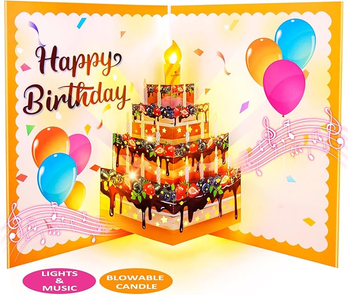 Birthday Cards, Musical Pop Up Birthday Cards with Light, Blow Out LED Light Candle and Play Happy Birthday Music Pop Up Card, 90 Degree Vertical Cake Greeting Card, Birthday Gifts for Women