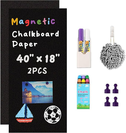 2 Pcs Magnetic Chalkboard Contact Paper for Wall 40" x 18" Self Adhesive Blackboard Wallpaper Peel and Stick Chalk Board Sticker Roll with Chalks for Kids Playroom Classroom Home