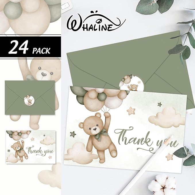 Whaline 24 Pack Bear Thank You Cards Green Bear Balloon Greeting Cards with Envelopes Stickers Cute Cartoon Blank Note Cards for Party Invitation Supplies, 4 x 6 Inch