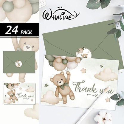 Whaline 24 Pack Bear Thank You Cards Green Bear Balloon Greeting Cards with Envelopes Stickers Cute Cartoon Blank Note Cards for Party Invitation Supplies, 4 x 6 Inch