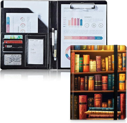 Padfolio Folder with Clipboard,Portfolios Organizer Clipboards with Storage Clipboard Writing Pad PU Leather Conference Document Organizer with Business Card Holder,Vintage Bookshelf