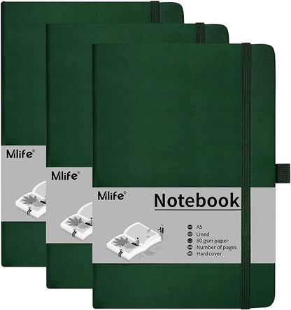 Mlife A6 Small Journal Notebook, Lined Pocket Notebook with Pen Holder, Mini Hardcover Notebook, 192 Pages, 3.9 inches * 5.5 inches Jurnal for Women and Man (3Pack Green)