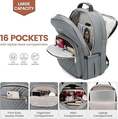 LOVEVOOK Laptop Backpack for Women 17.3 inch,Cute Womens Travel Backpack Purse,Professional Laptop Computer Bag,Waterproof Work Business College Teacher Bags Carry on Backpack with USB Port,Grey