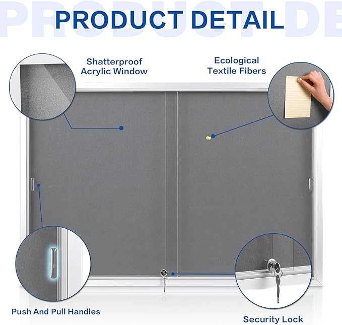 SWANCROWN Enclosed Locking Bulletin Board Gray Fabric Message Board with Sliding Glass Doors,for Indoor Use,48"x34"