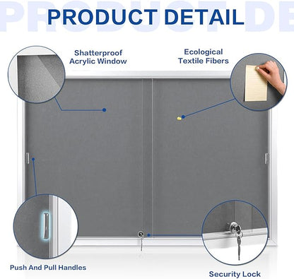 SWANCROWN Enclosed Locking Bulletin Board Gray Fabric Message Board with Sliding Glass Doors,for Indoor Use,48"x34"