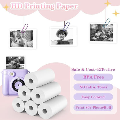 12 Rolls Kids Camera Instant Print Refill Paper Set, Phetium HD Printing Thermal Paper for Most Kids Instant Camera Photo Print (White-12 Rolls)