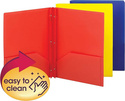 Smead Poly Two-Pocket Folder, Three-Hole Punch Prong Fasteners, Letter Size, Assorted Colors, 3 per Pack (87738)