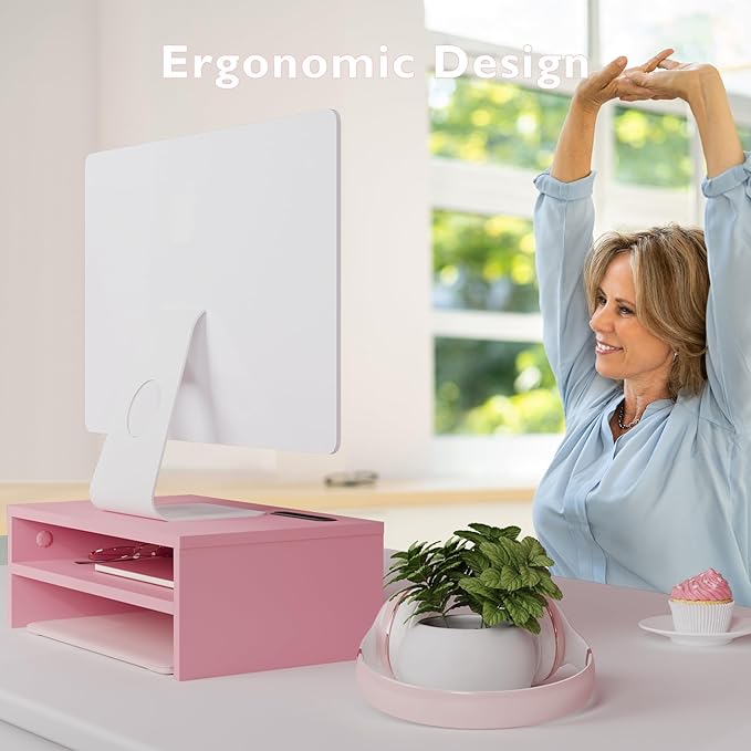 BONTEC Monitor Stand Riser, 2 Tiers Wood Monitor Riser Stand with Storage Organizer, Desktop Ergonomic Monitor Stand Riser with Cellphone Holder and Cable Management, 16.7 Inch Shelf, Pink