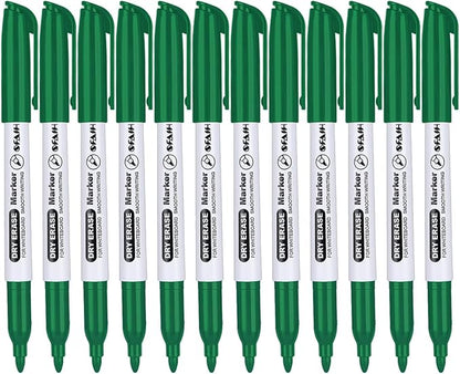 SFAIH Fine Tip Dry Erase Markers - 12 Pack Green Whiteboard Erasable Markers Bulk for Kids Adults, Ideal for Classroom School Office Home Use on White Board, Non-Toxic Easy Clean