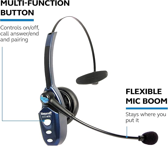 BlueParrott B250-XTS Mono Wireless Trucker Bluetooth Headset – Use On The Go, Ideal for High-Noise Environments, 91% Noise Cancellation - Includes USB-C Charging Cable, Black