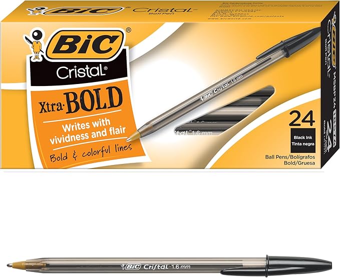 BIC Cristal Xtra Bold Ballpoint Pen, Bold Point (1.6mm) For Vivid And Dramatic Lines, Black Ballpoint Pens, 24-Count