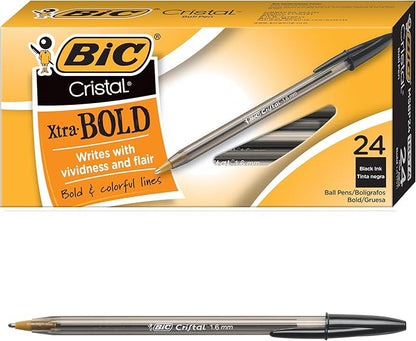 BIC Cristal Xtra Bold Ballpoint Pen, Bold Point (1.6mm) For Vivid And Dramatic Lines, Black Ballpoint Pens, 24-Count